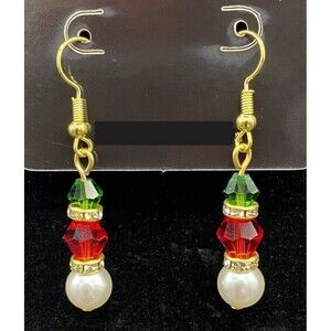 Handmade Faux Pearl Red & Green Crystal Bead Gold Tone Earrings by Neanie-Bot